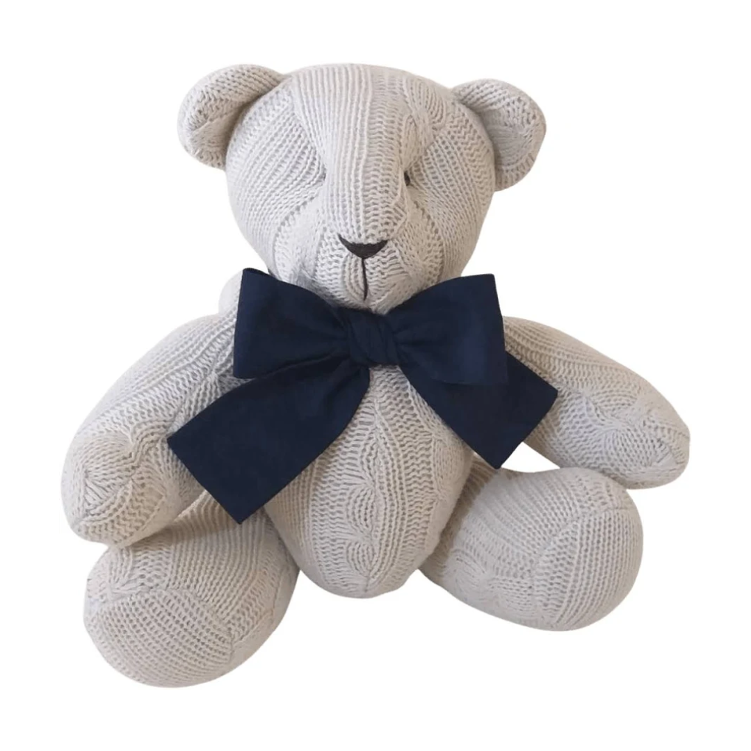 Urso de Tricô Nude com Laço Azul