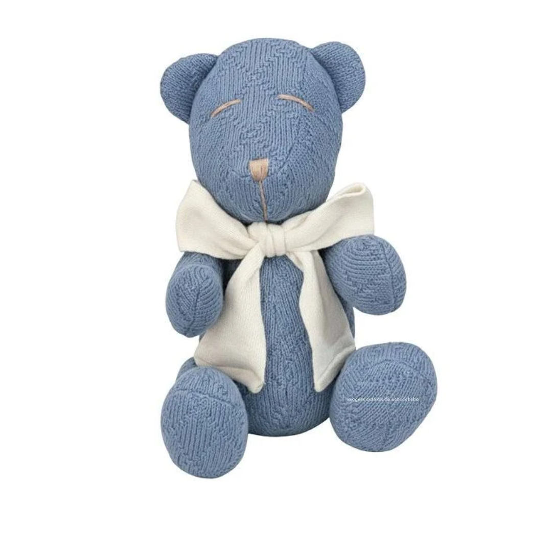 Urso de Tricô Azul com laço Branco