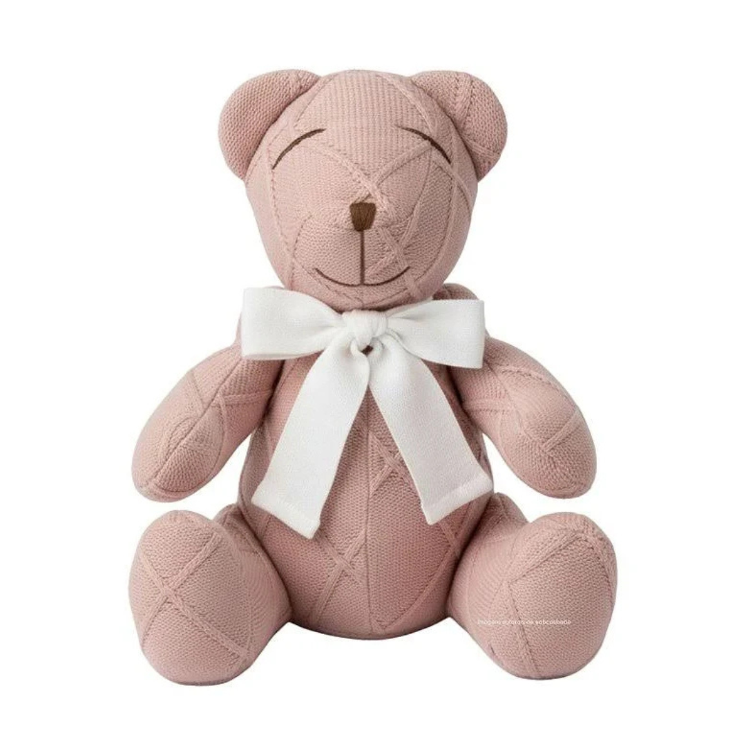 Ursa de Tricot Rosa Dolce com laço Branco