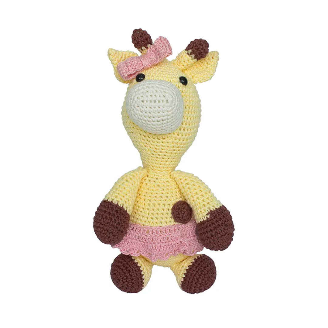 Ursa de Tricô Girafinha Bella com Laço Rosa
