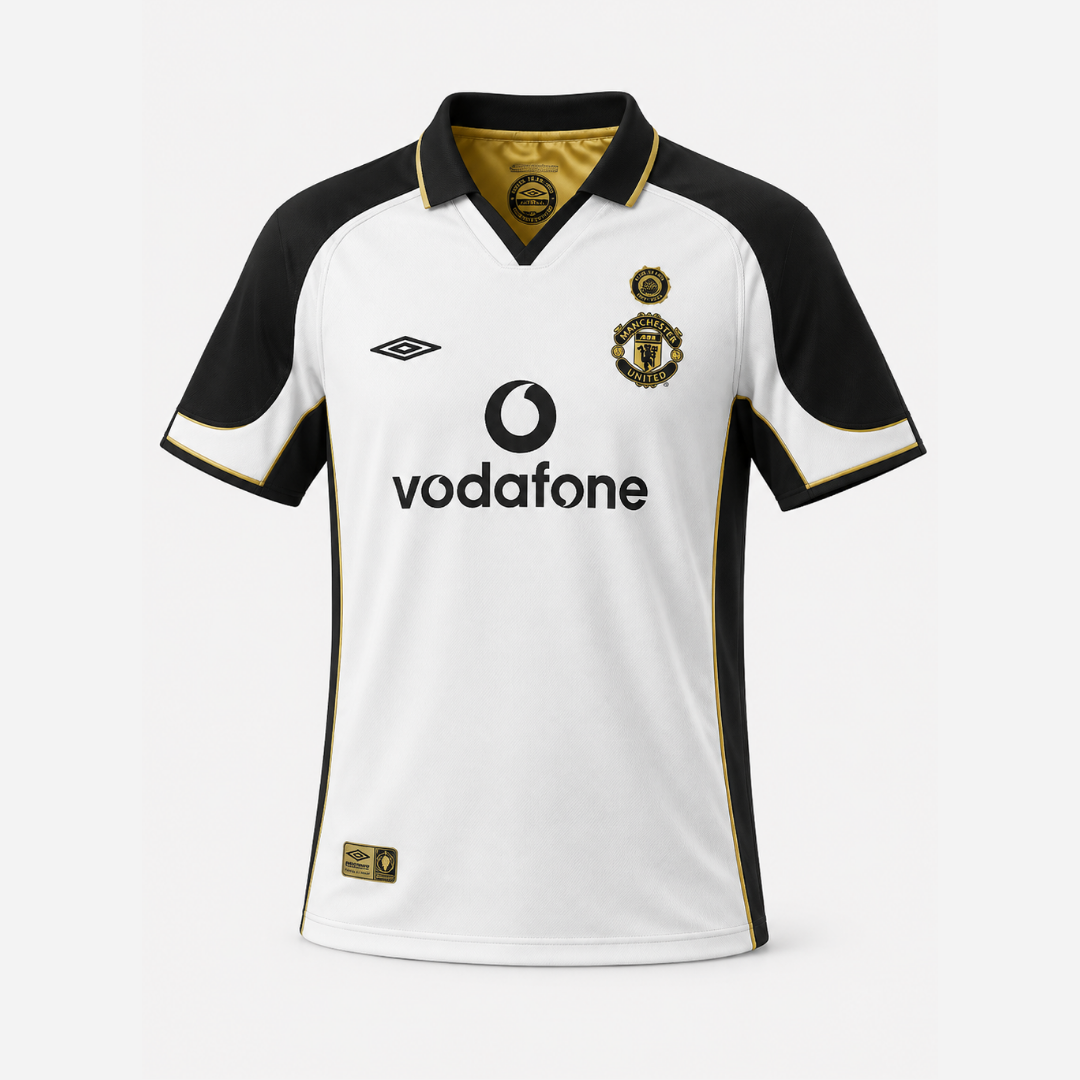 Camisa Manchester United Centenário 2001/2002 Retrô Branca e Dourada